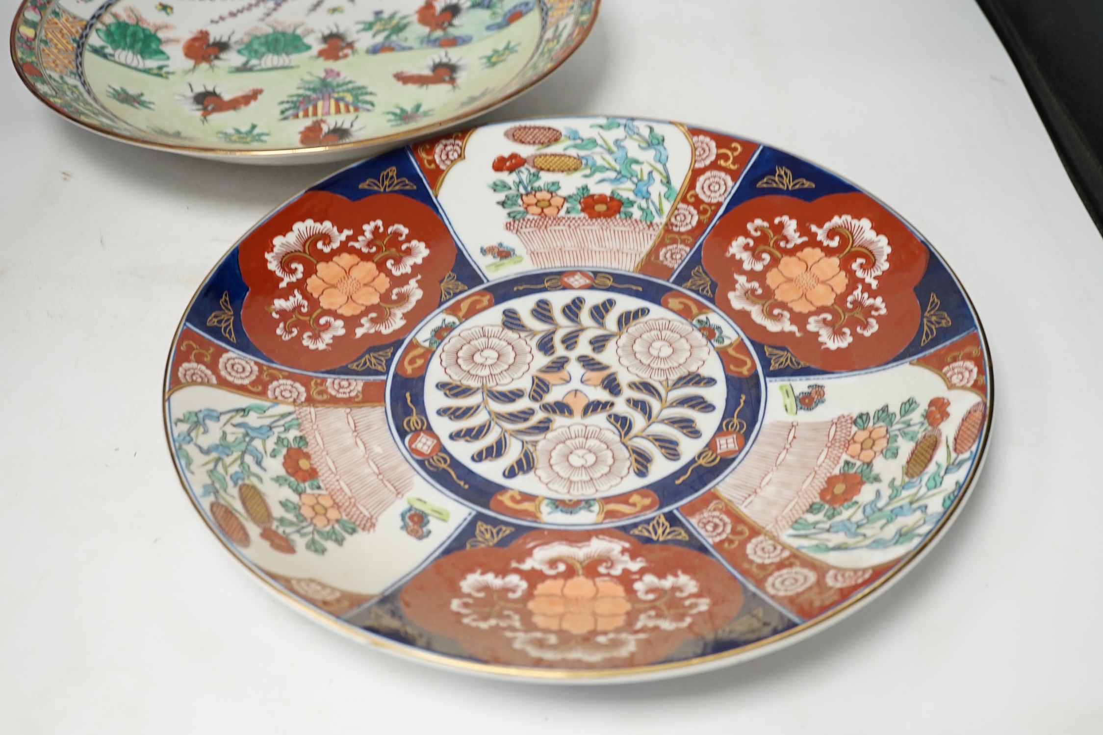 An Imari dish and a Chinese 'chicken' dish, chicken dish 36cm diameter. Condition - good